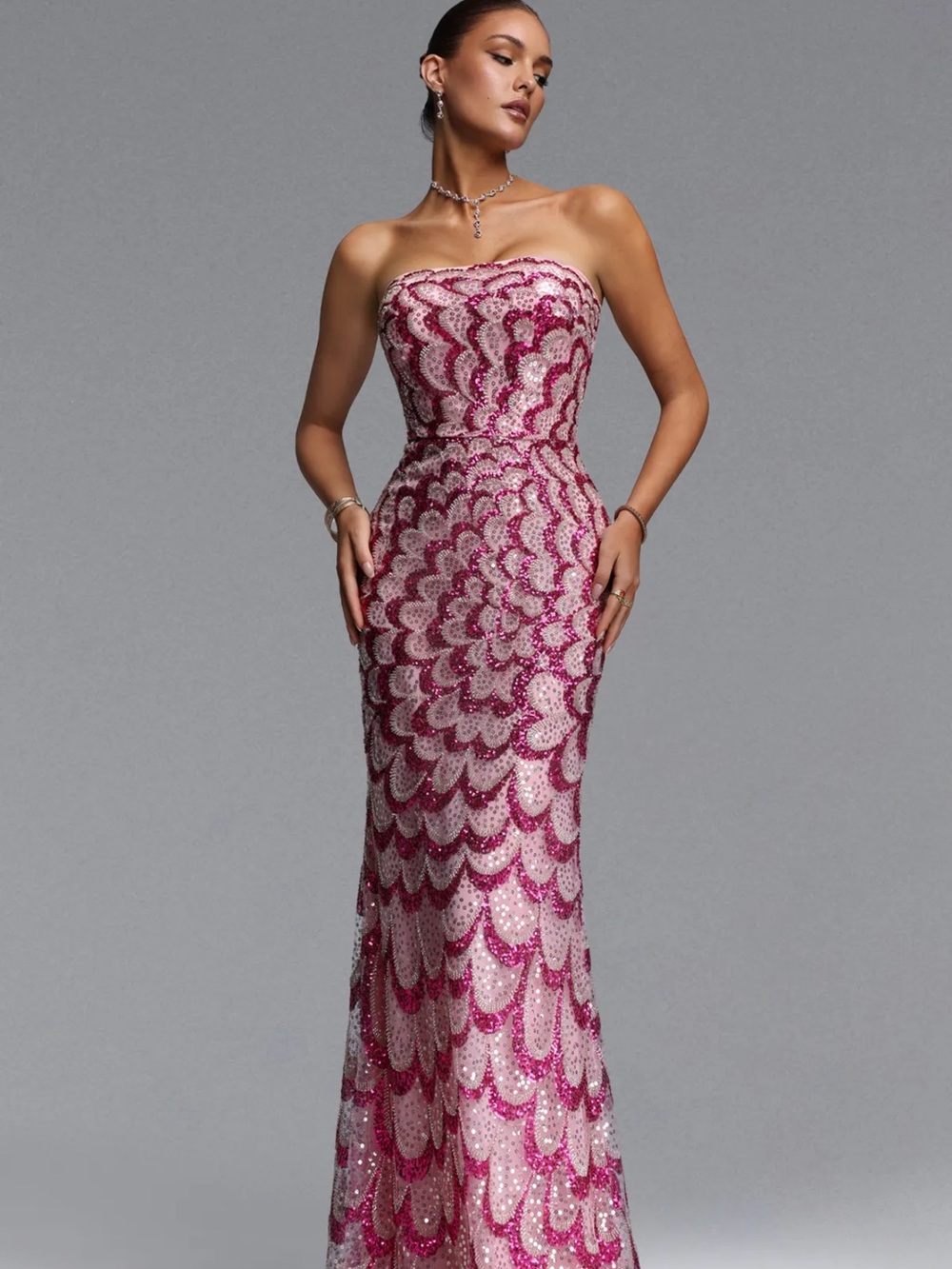 Bella Barnett Strapless Pink Sequin Mermaid Evening Dress